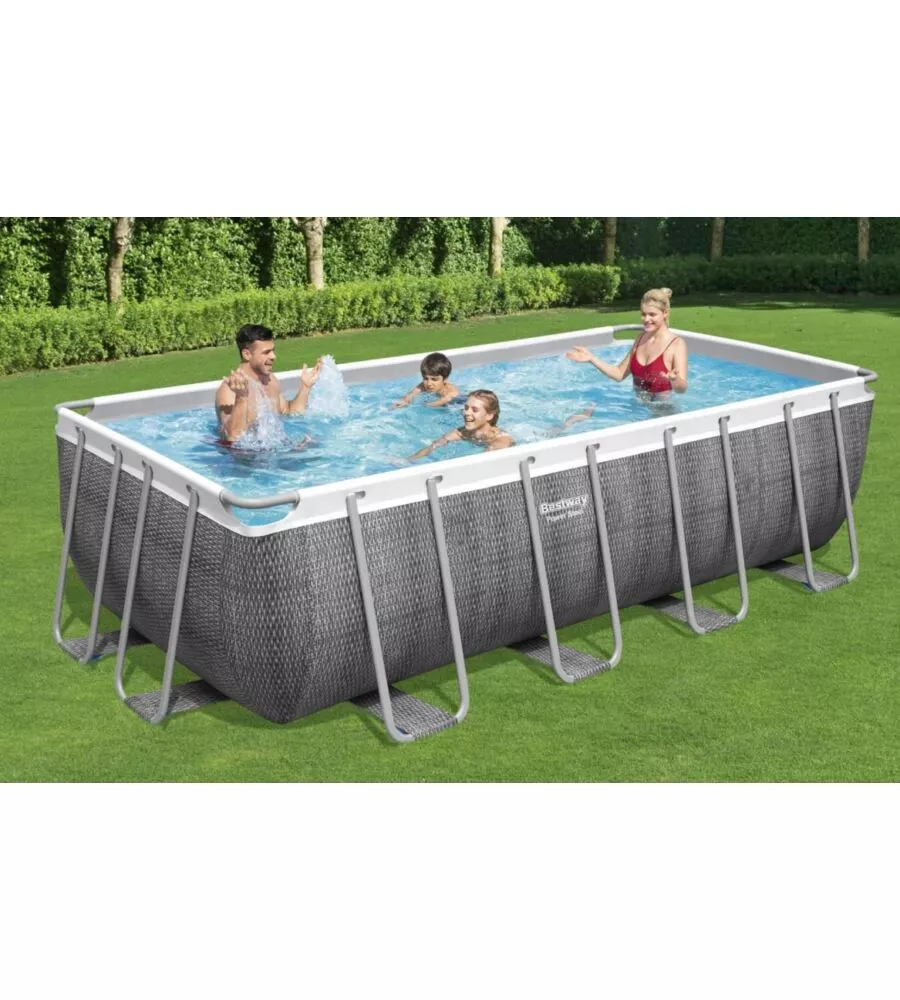 PISCINA FUORI TERRA CON STRUTTURA RETTANGOLARE BESTWAY "POWER STEEL FRAME"  CON COPERTURA, FILTRO, SCALA E CHEMCONNECT EFFETTO RATTAN 488X244X122 CM - COD. 56996